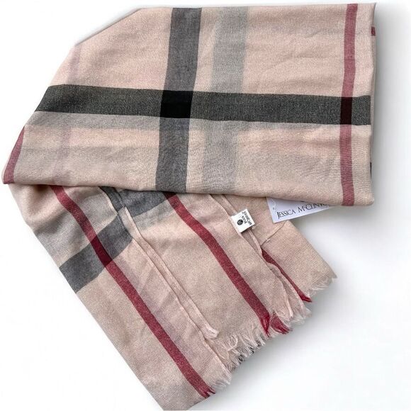 Jessica McClintock Plaid Scarf Pink Gray Black Metallic Threads 77” Long - Picture 1 of 16
